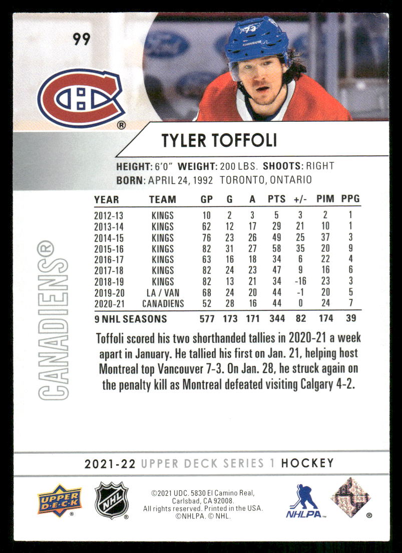 2021-22 Upper Deck #99 Tyler Toffoli