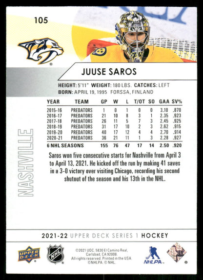 2021-22 Upper Deck #105 Juuse Saros