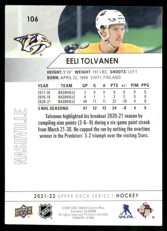 2021-22 Upper Deck #106 Eeli Tolvanen