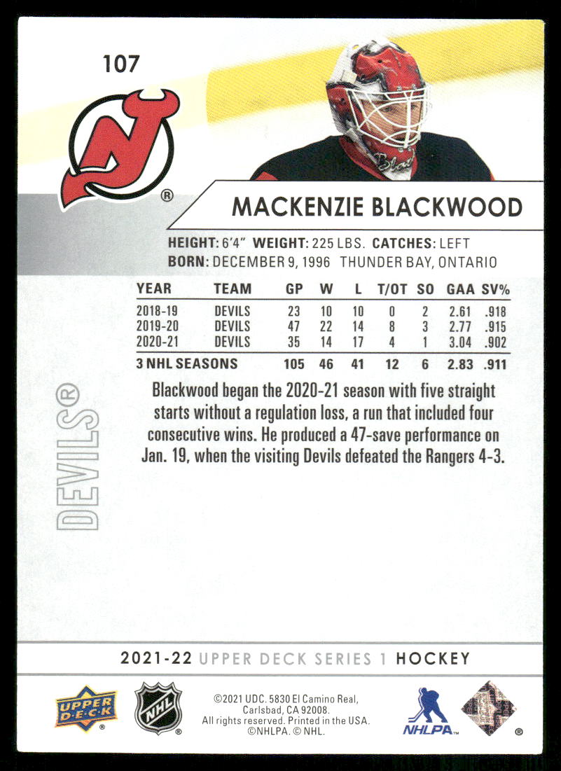 2021-22 Upper Deck #107 Mackenzie Blackwood