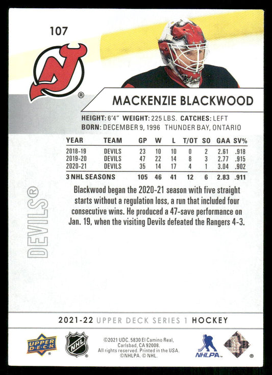 2021-22 Upper Deck #107 Mackenzie Blackwood