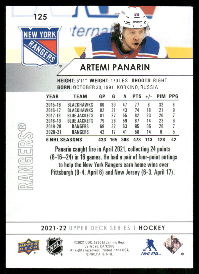 2021-22 Upper Deck #125 Artemi Panarin