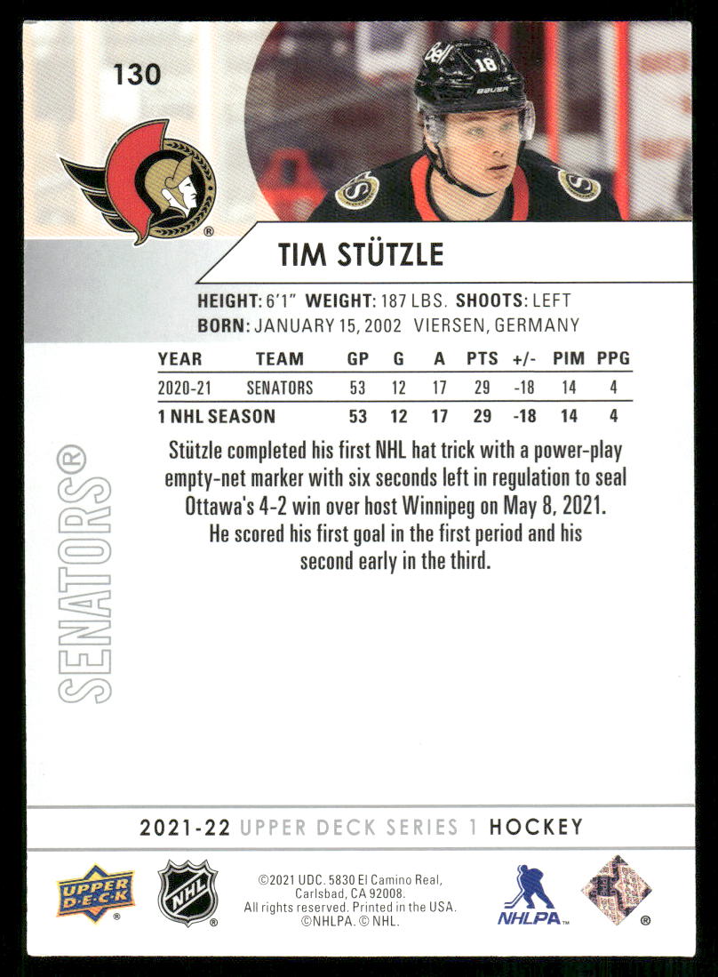 2021-22 Upper Deck #130 Tim Stutzle