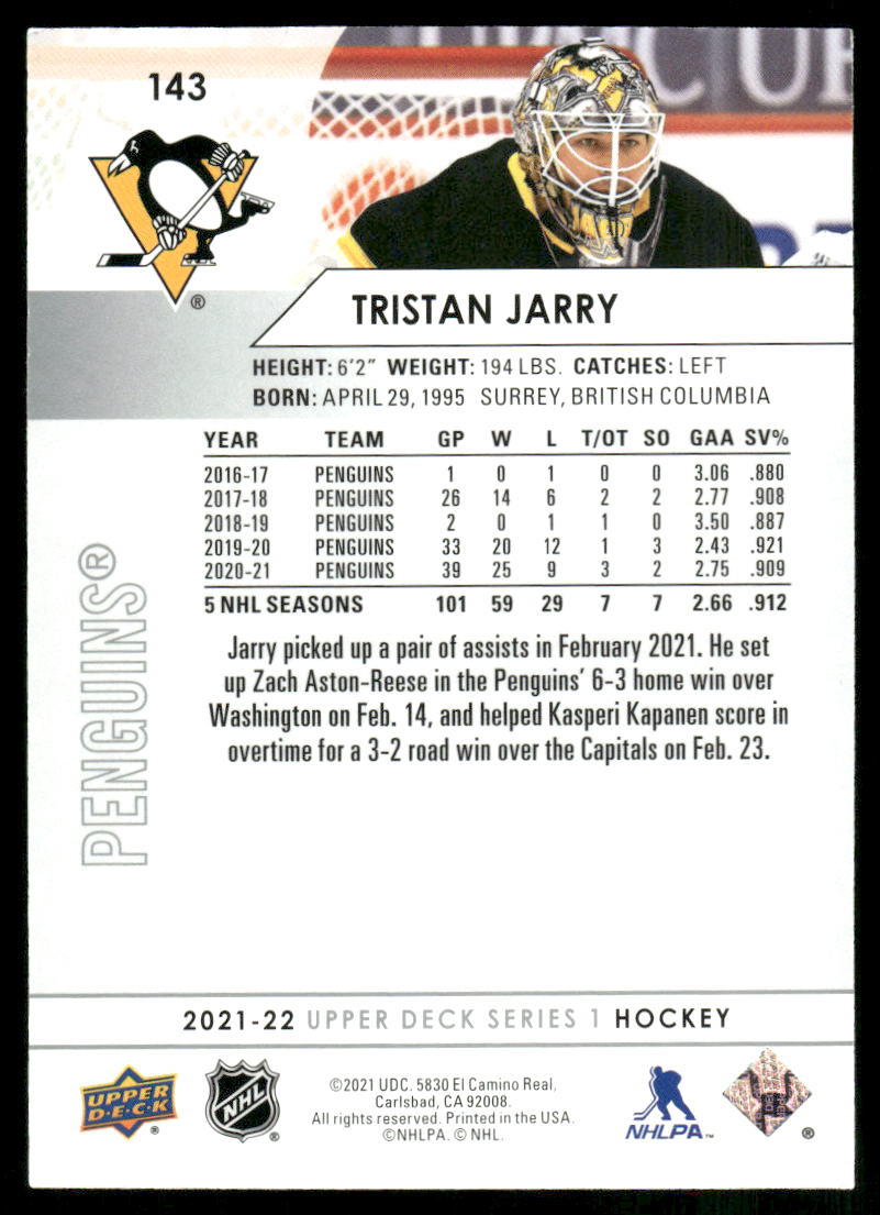 2021-22 Upper Deck #143 Tristan Jarry