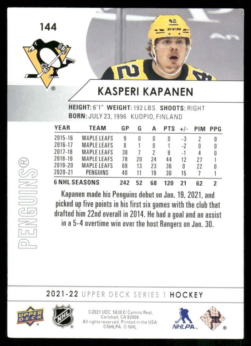 2021-22 Upper Deck #144 Kasperi Kapanen