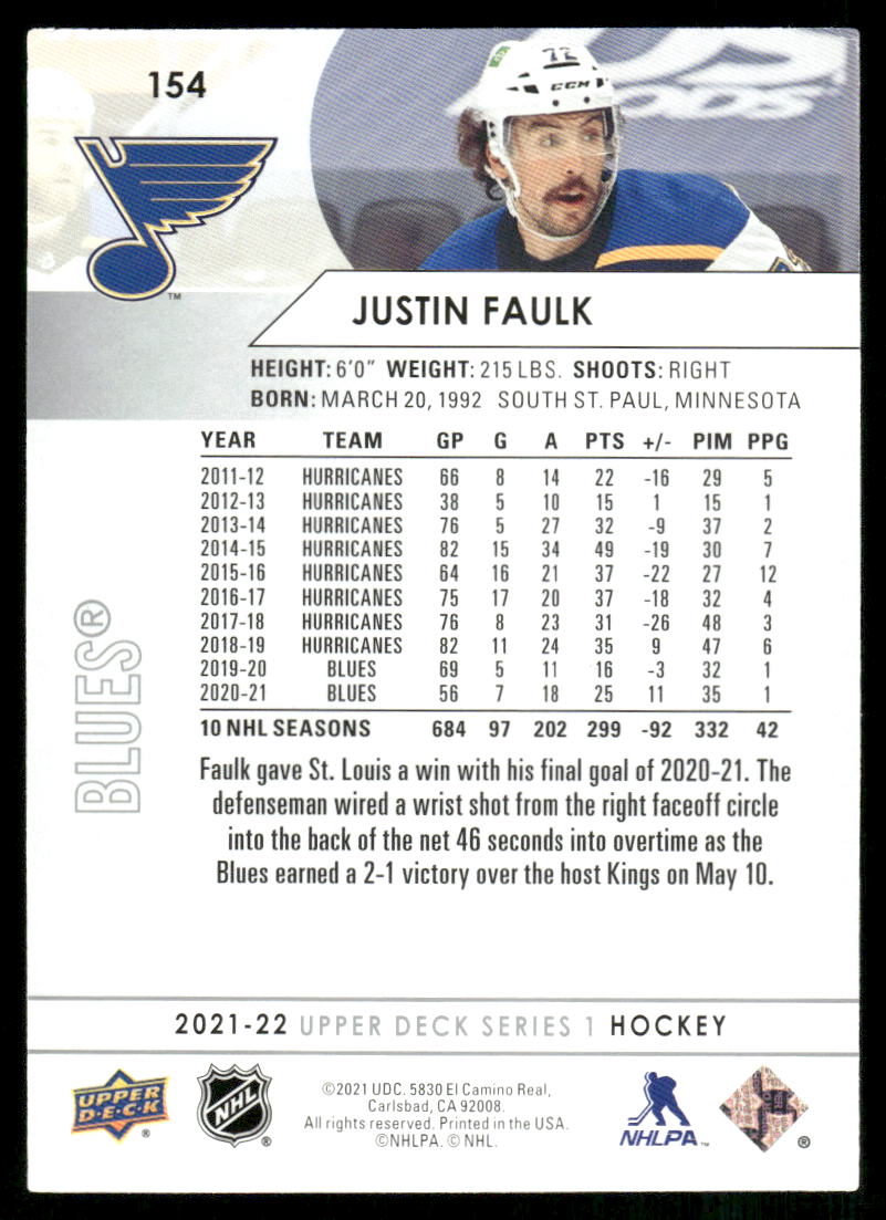 2021-22 Upper Deck #154 Justin Faulk