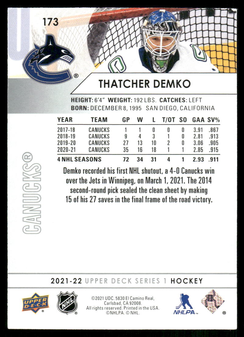 2021-22 Upper Deck #173 Thatcher Demko