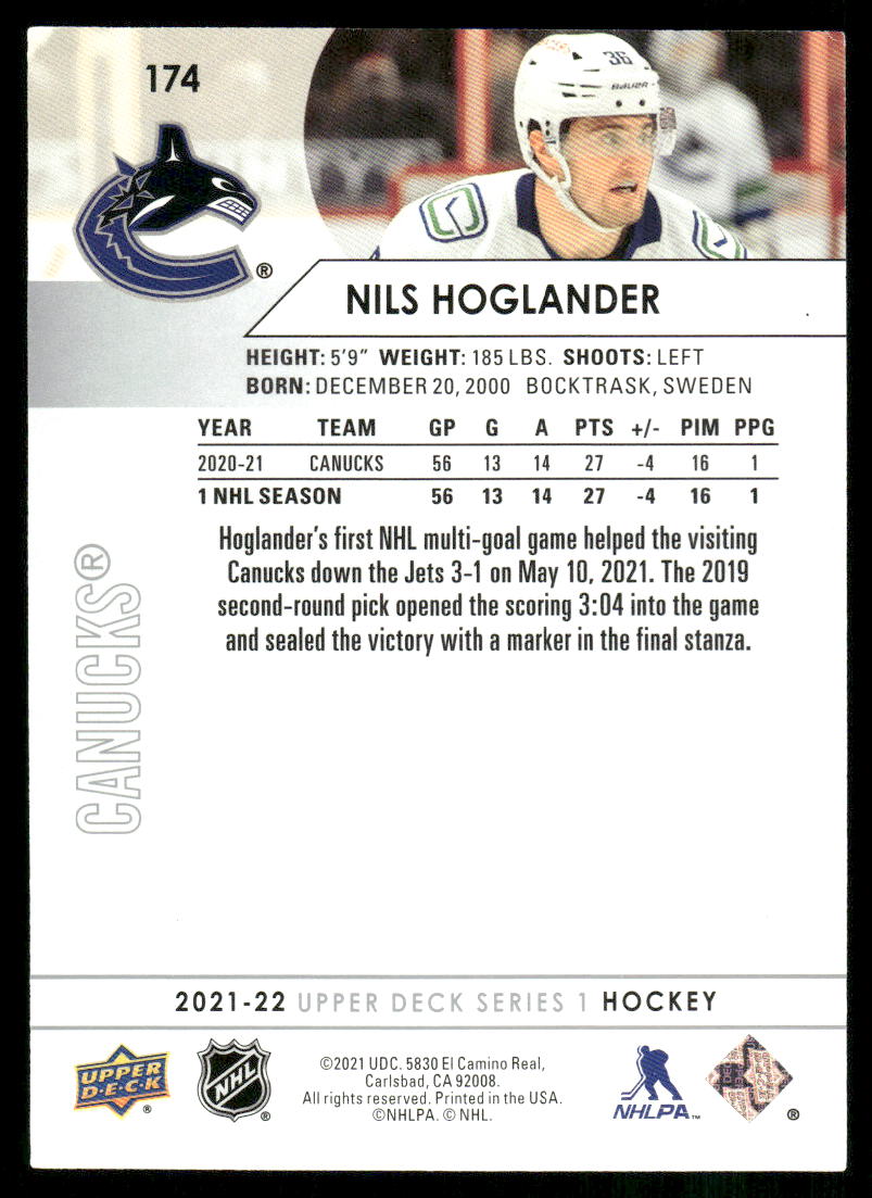 2021-22 Upper Deck #174 Nils Hoglander