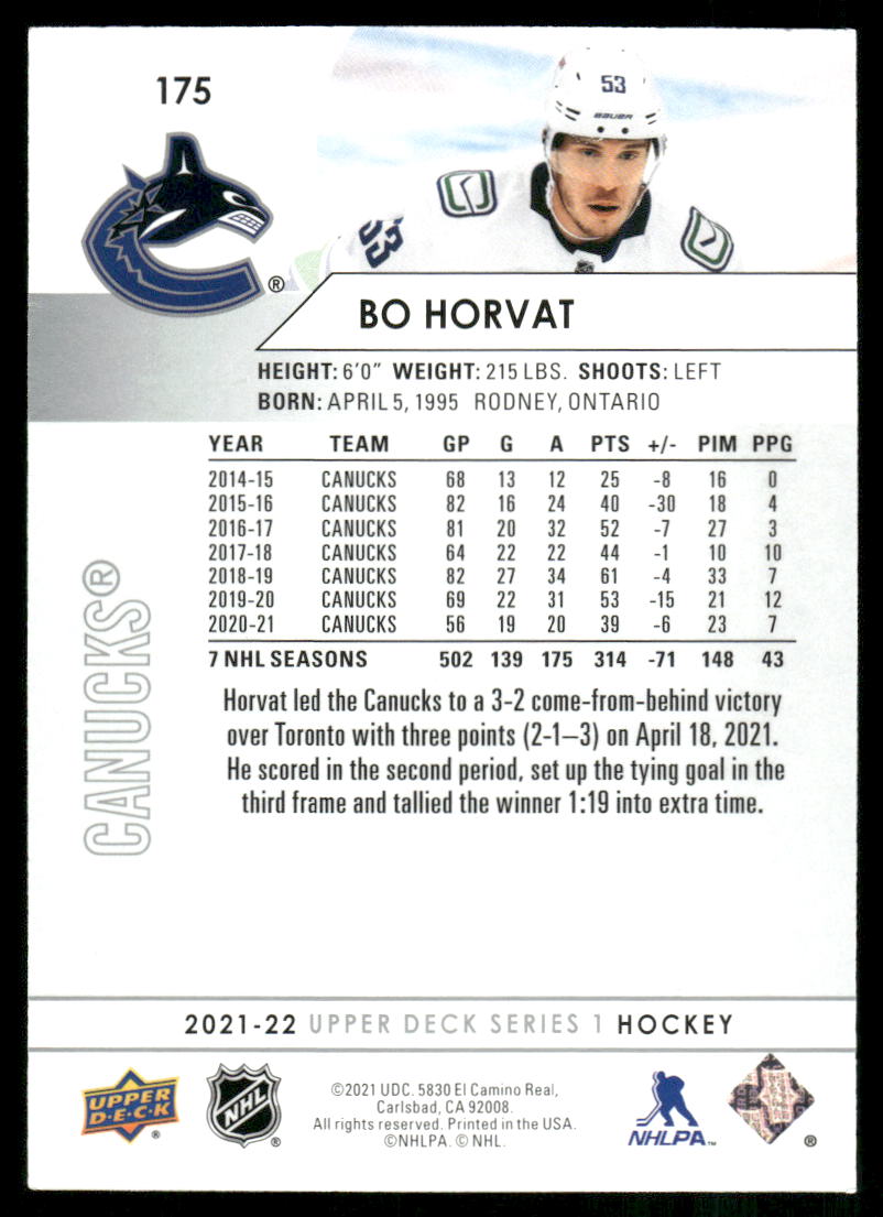 2021-22 Upper Deck #175 Bo Horvat