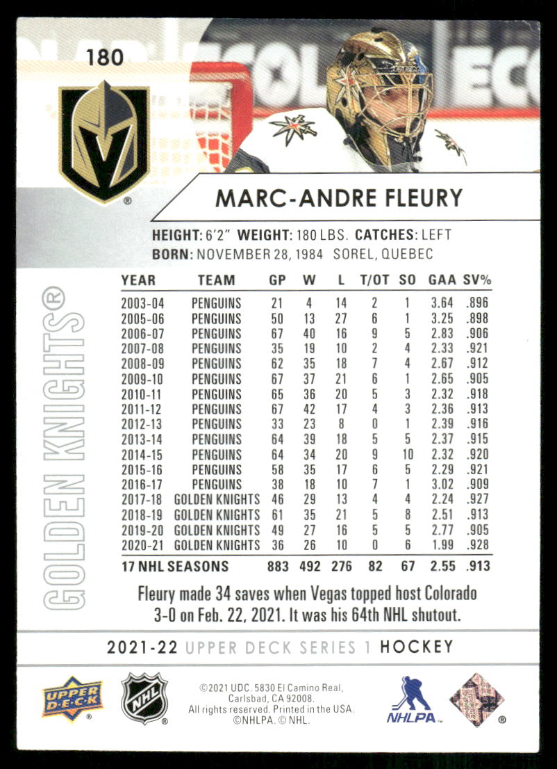 2021-22 Upper Deck #180 Marc-Andre Fleury