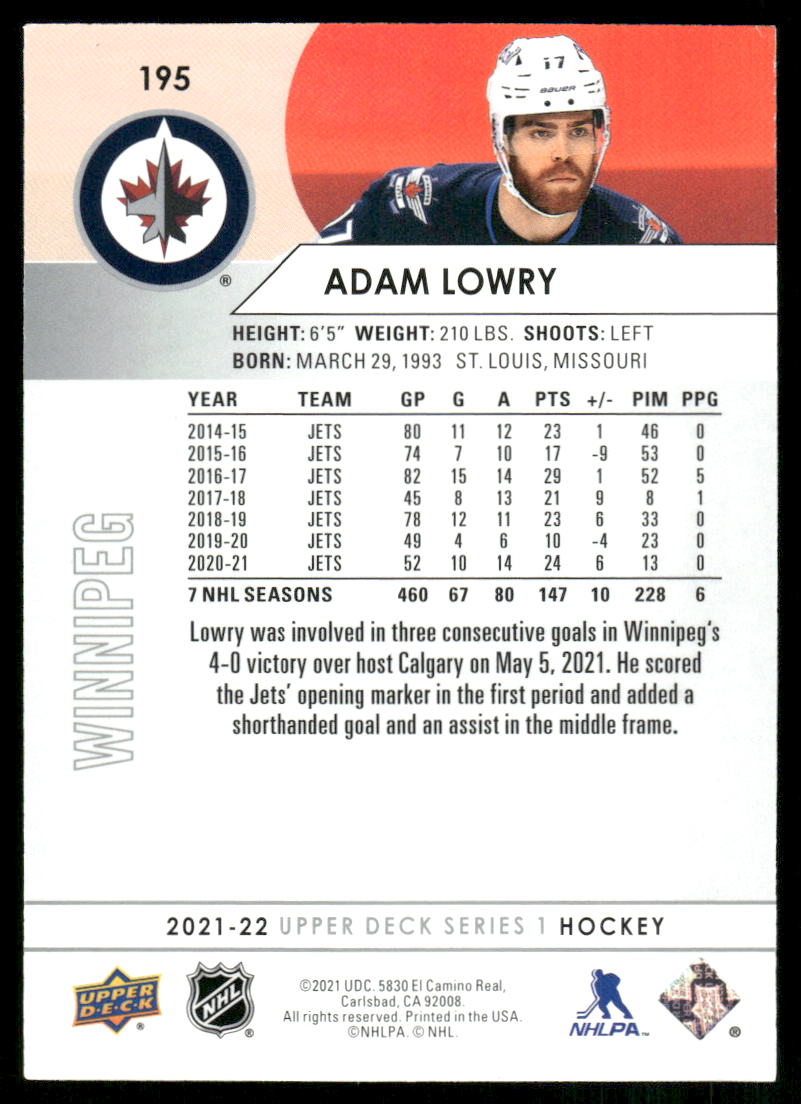 2021-22 Upper Deck #195 Adam Lowry