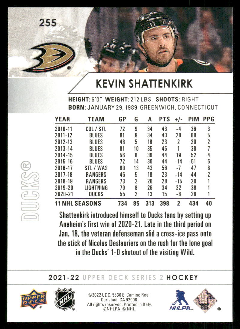 2021-22 Upper Deck #255 Kevin Shattenkirk