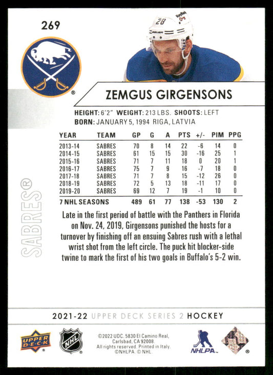 2021-22 Upper Deck #269 Zemgus Girgensons