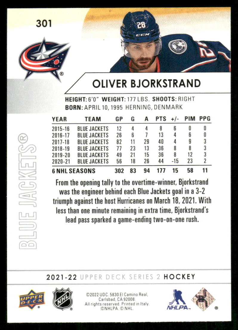 2021-22 Upper Deck #301 Oliver Bjorkstrand