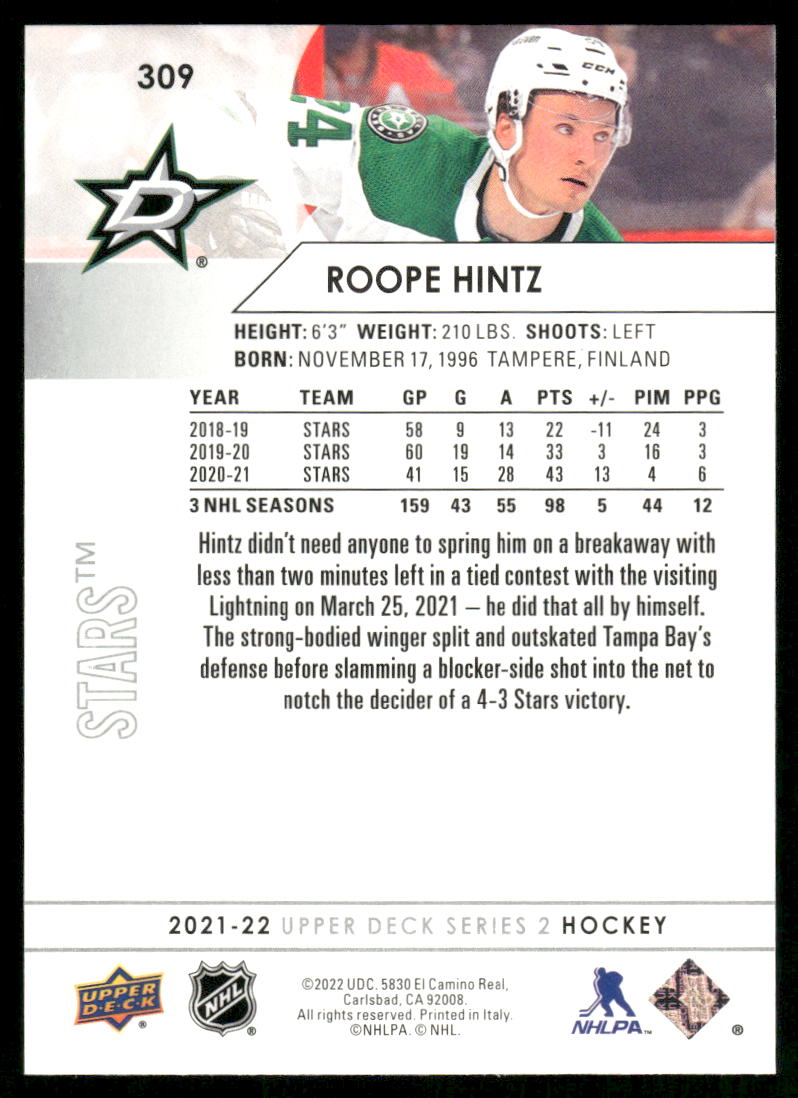 2021-22 Upper Deck #309 Roope Hintz
