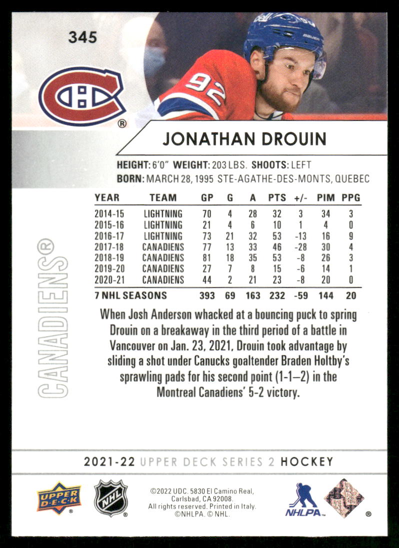 2021-22 Upper Deck #345 Jonathan Drouin