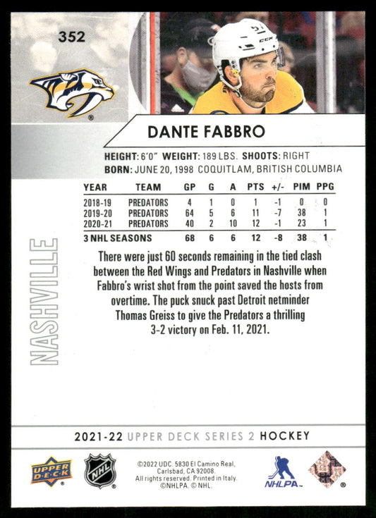 2021-22 Upper Deck #352 Dante Fabbro