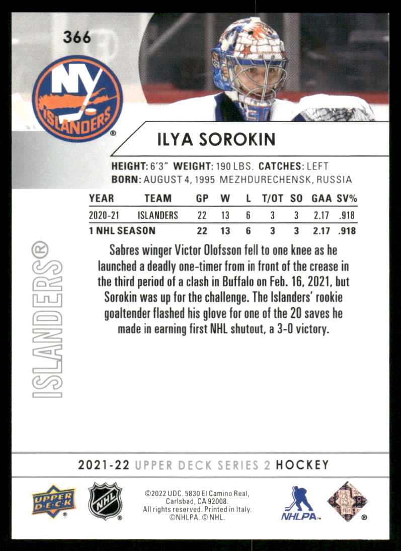 2021-22 Upper Deck #366 Ilya Sorokin