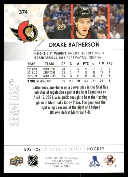 2021-22 Upper Deck #374 Drake Batherson