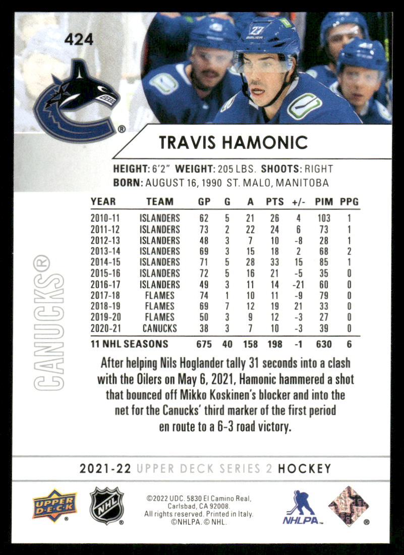 2021-22 Upper Deck #424 Travis Hamonic