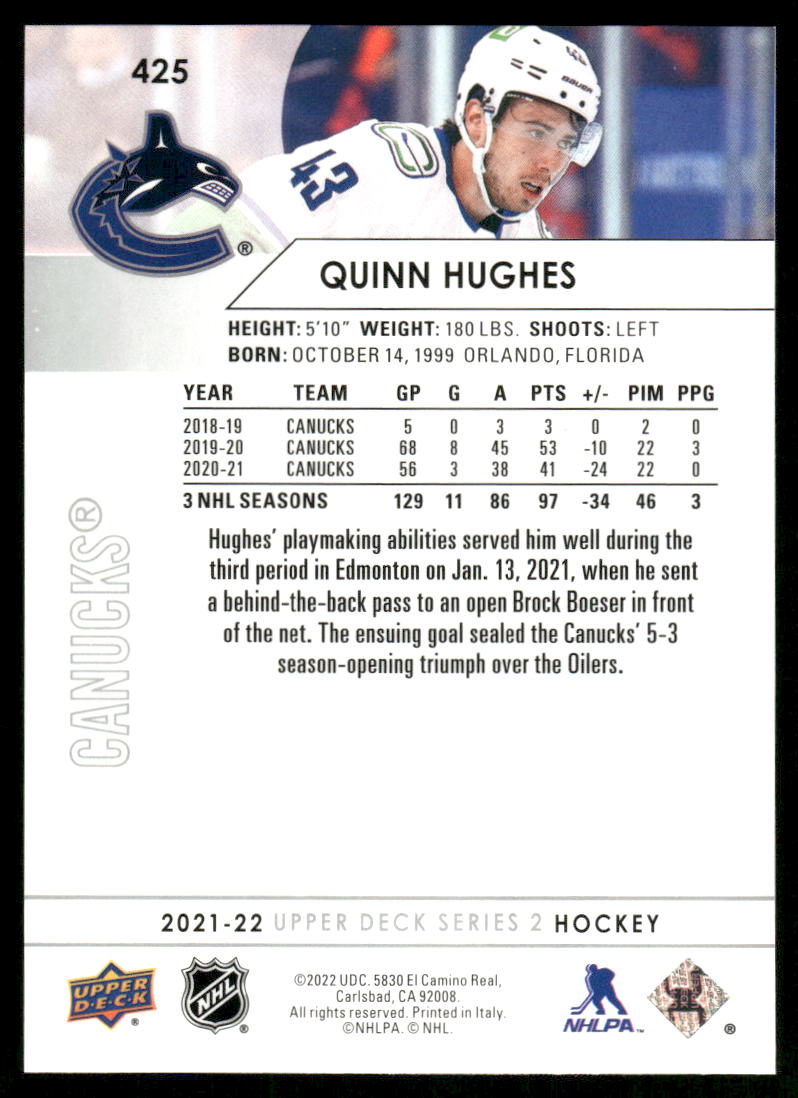 2021-22 Upper Deck #425 Quinn Hughes