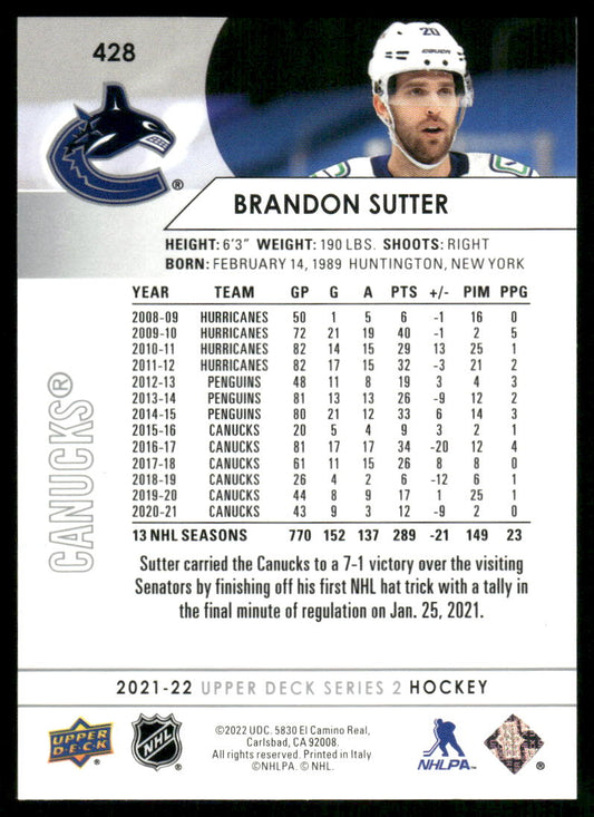 2021-22 Upper Deck #428 Brandon Sutter