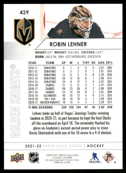 2021-22 Upper Deck #429 Robin Lehner