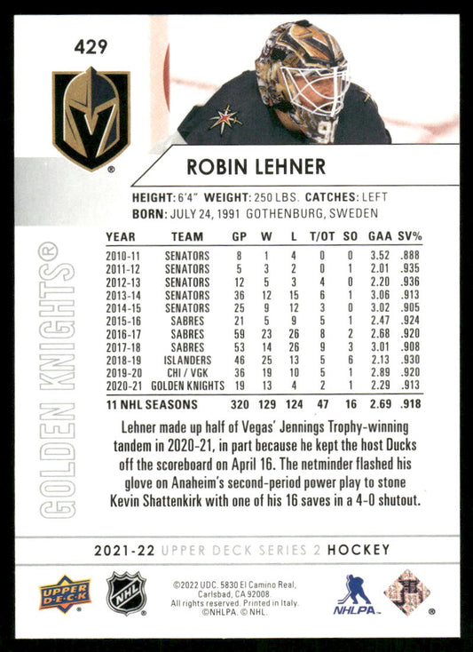 2021-22 Upper Deck #429 Robin Lehner