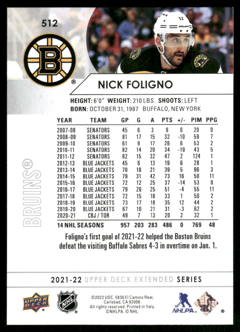 2021-22 Upper Deck #512 Nick Foligno