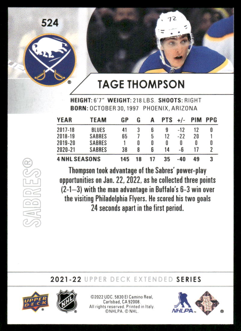 2021-22 Upper Deck #524 Tage Thompson