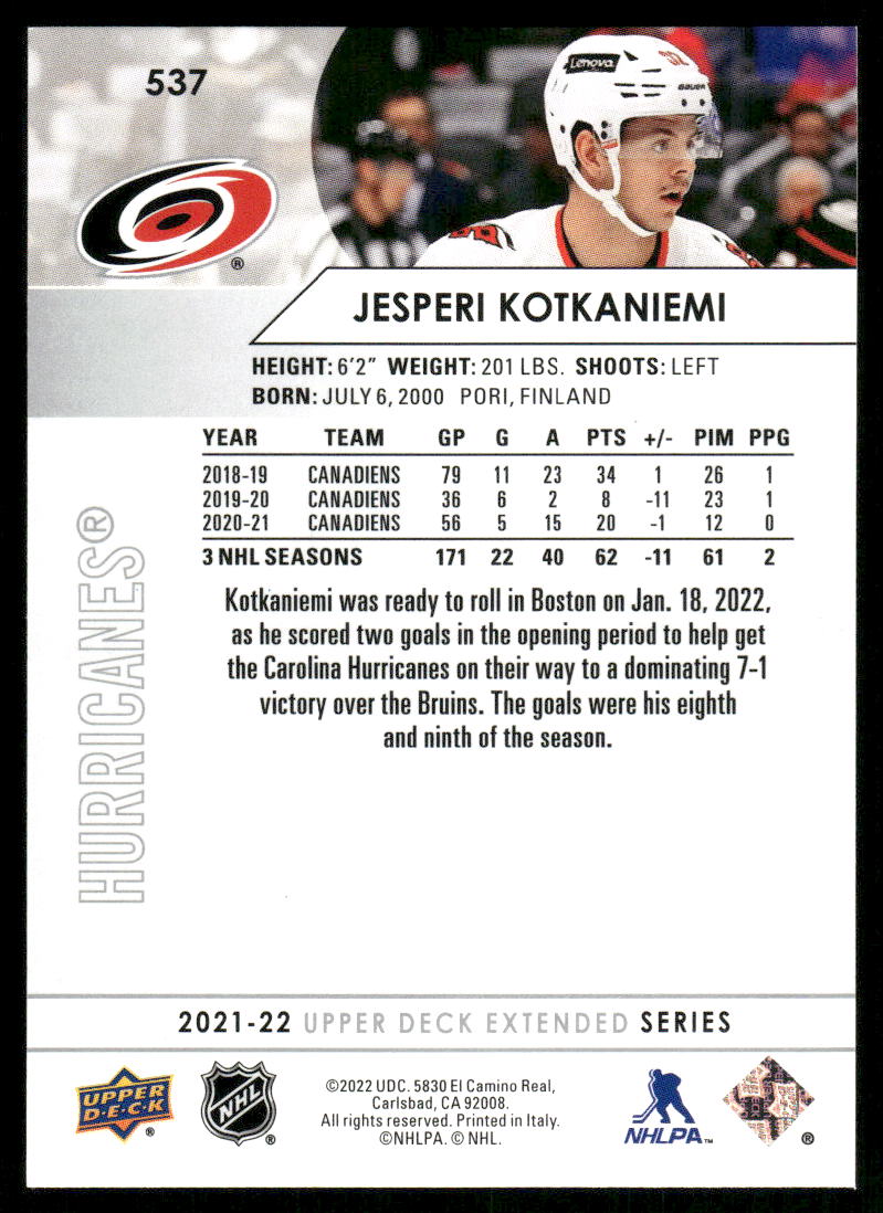 2021-22 Upper Deck #537 Jesperi Kotkaniemi