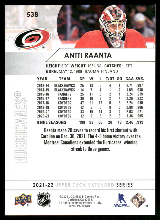 2021-22 Upper Deck #538 Antti Raanta