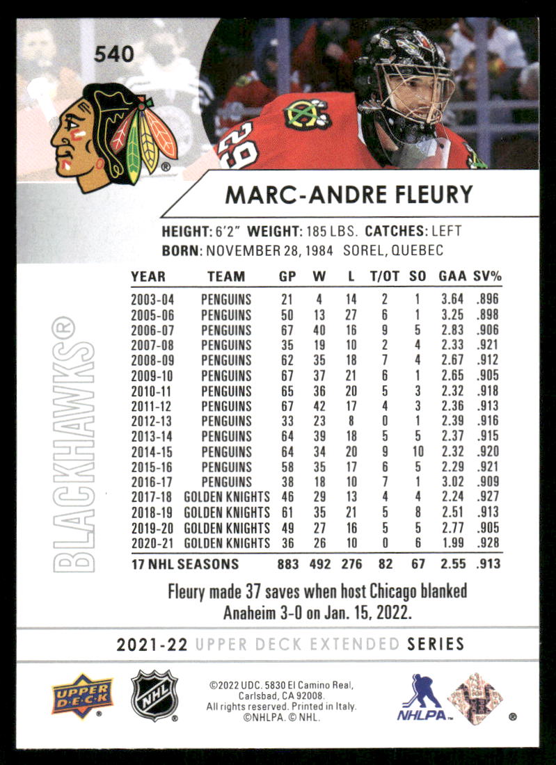 2021-22 Upper Deck #540 Marc-Andre Fleury