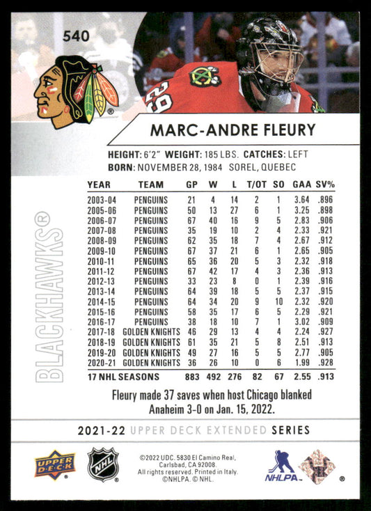 2021-22 Upper Deck #540 Marc-Andre Fleury