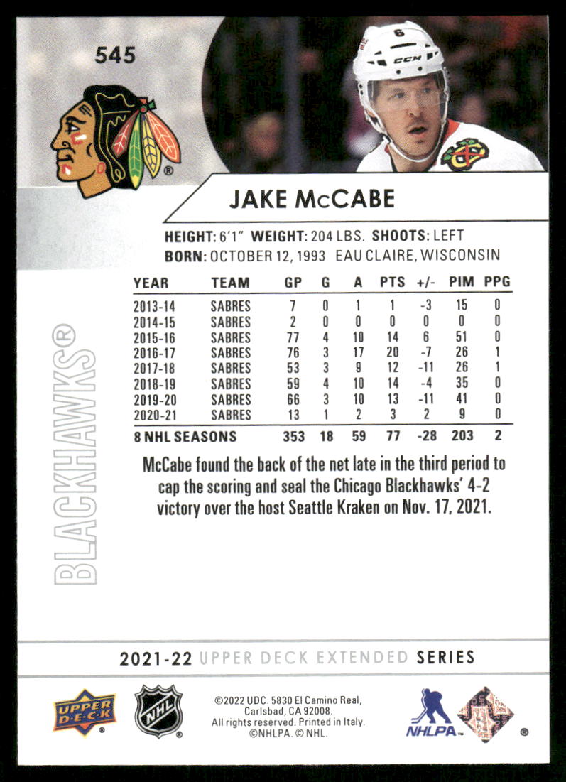 2021-22 Upper Deck #545 Jake McCabe