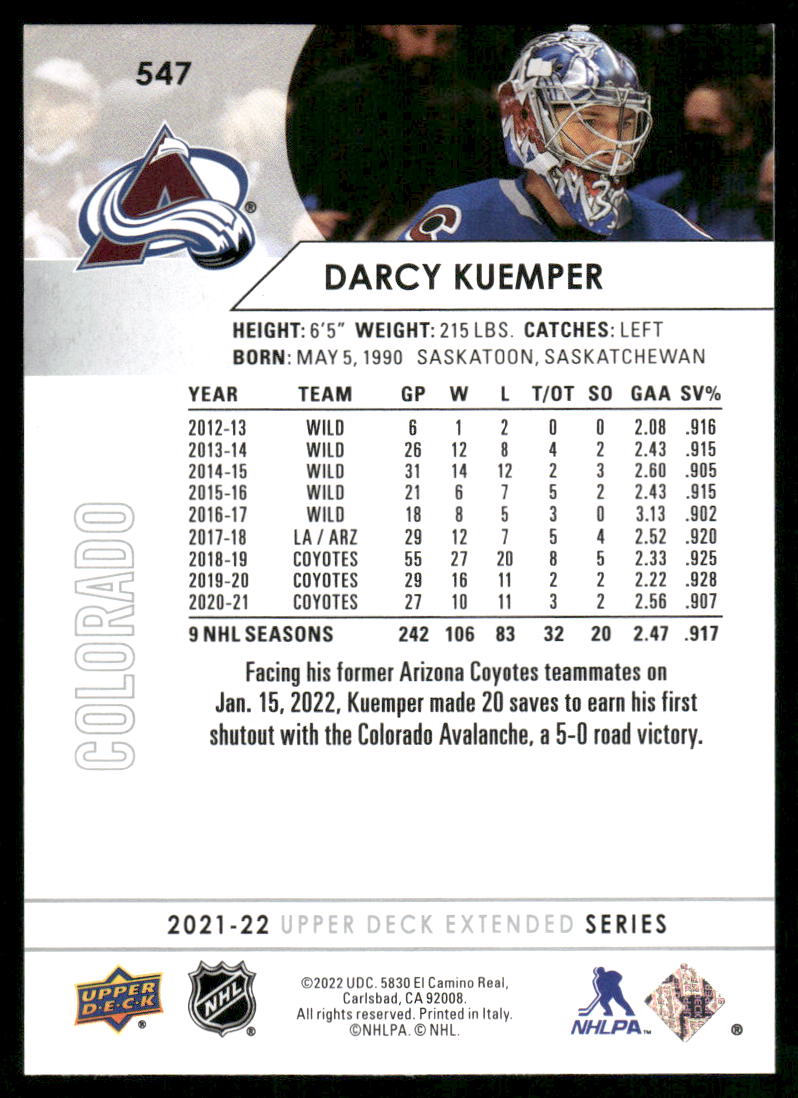 2021-22 Upper Deck #547 Darcy Kuemper