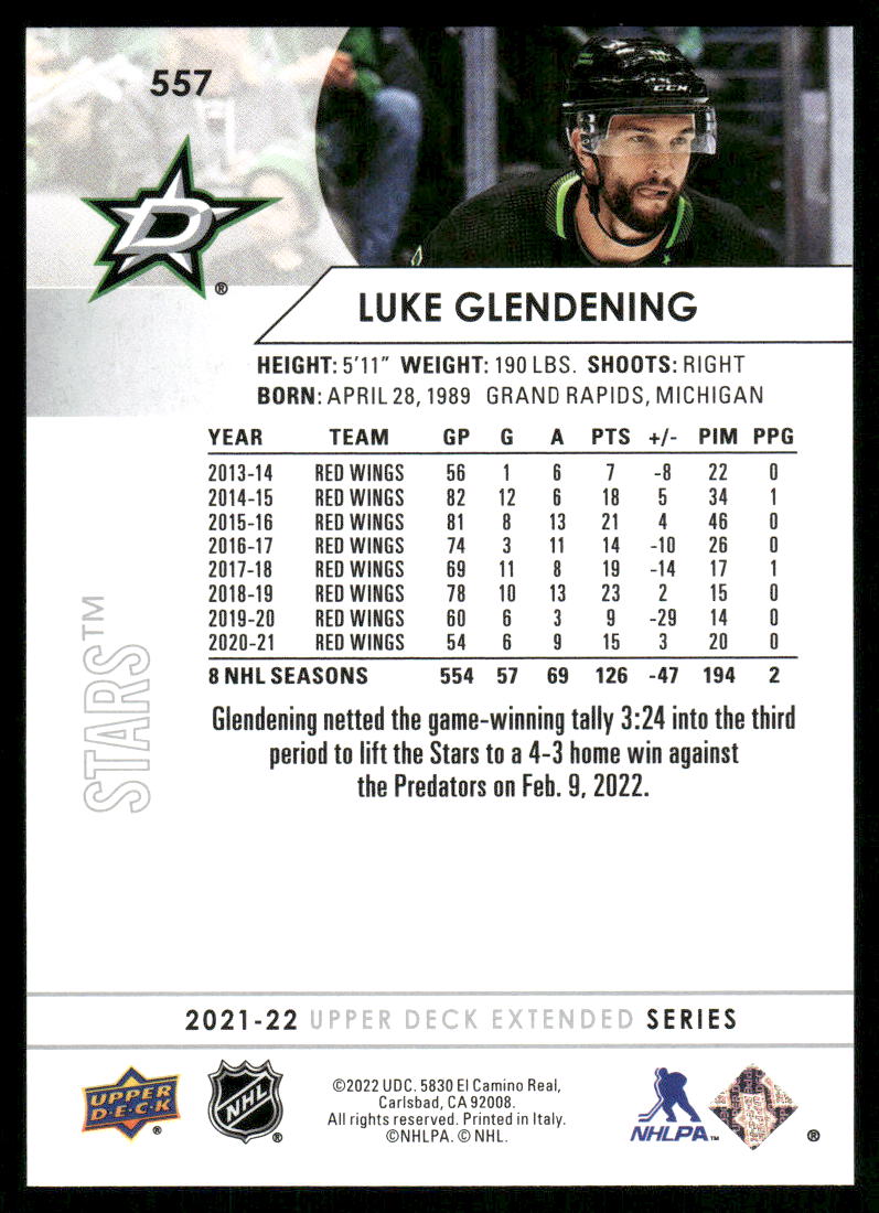 2021-22 Upper Deck #557 Luke Glendening