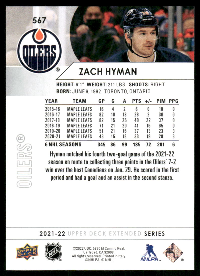 2021-22 Upper Deck #567 Zach Hyman