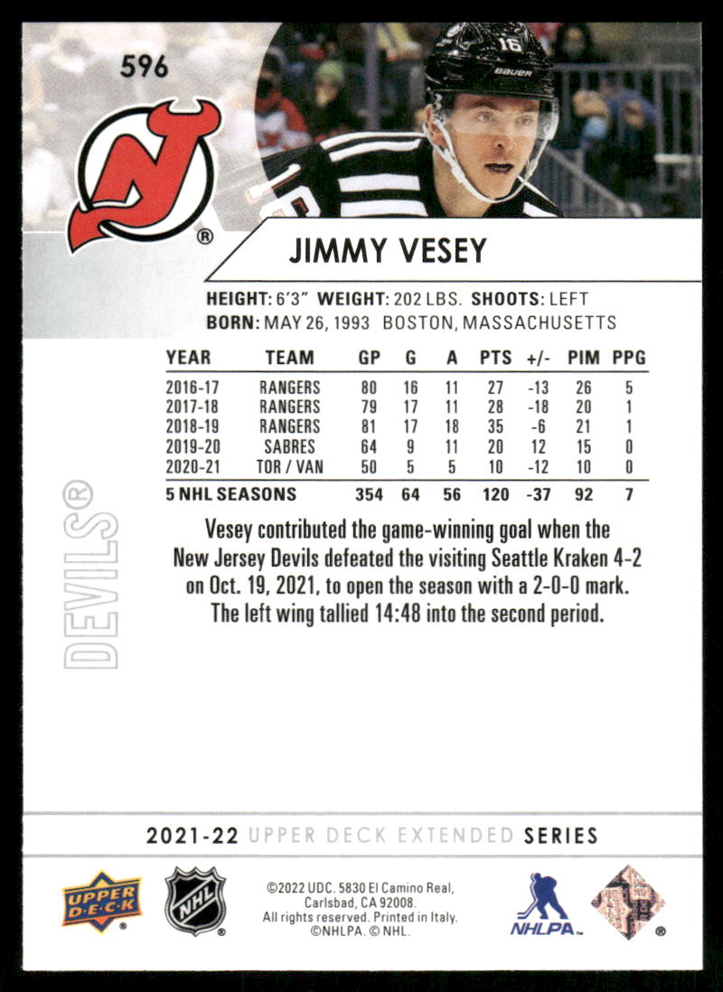 2021-22 Upper Deck #596 Jimmy Vesey