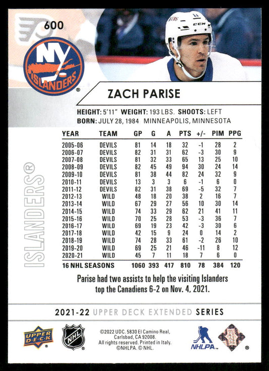2021-22 Upper Deck #600 Zach Parise