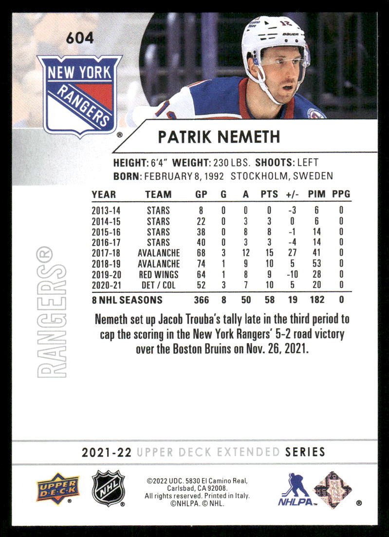 2021-22 Upper Deck #604 Patrik Nemeth