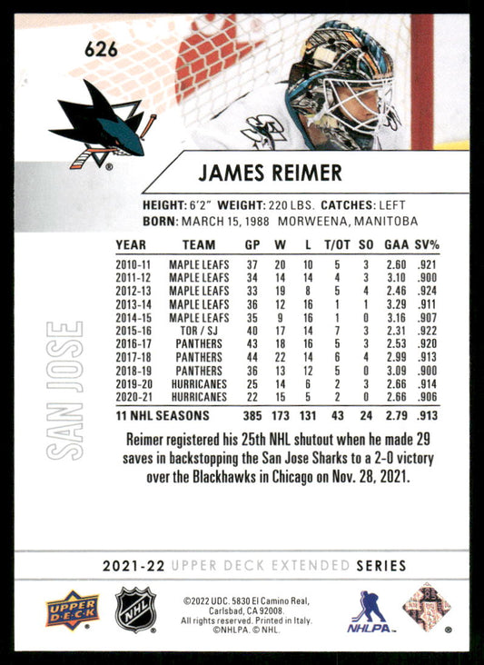 2021-22 Upper Deck #626 James Reimer