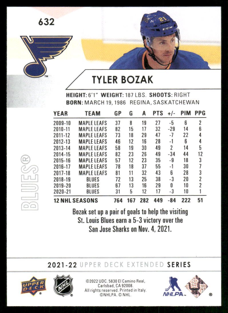 2021-22 Upper Deck #632 Tyler Bozak
