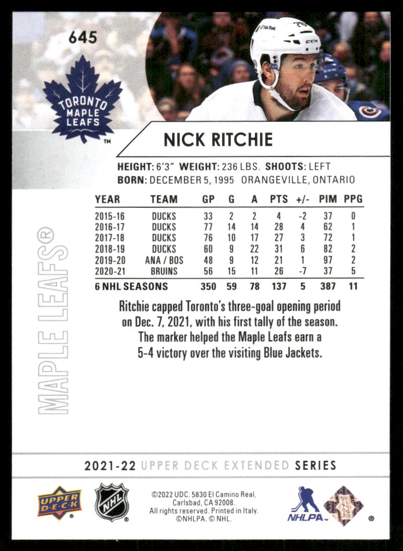 2021-22 Upper Deck #645 Nick Ritchie