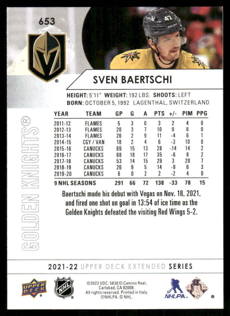 2021-22 Upper Deck #653 Sven Baertschi
