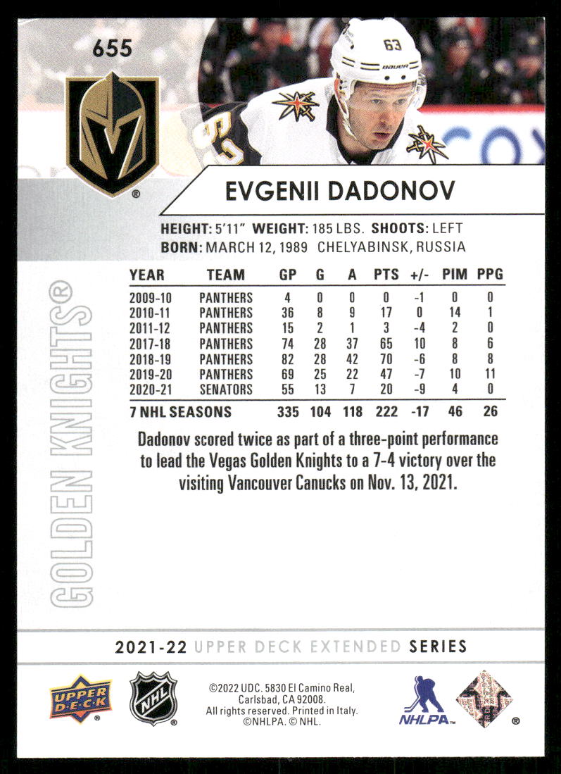 2021-22 Upper Deck #655 Evgenii Dadonov