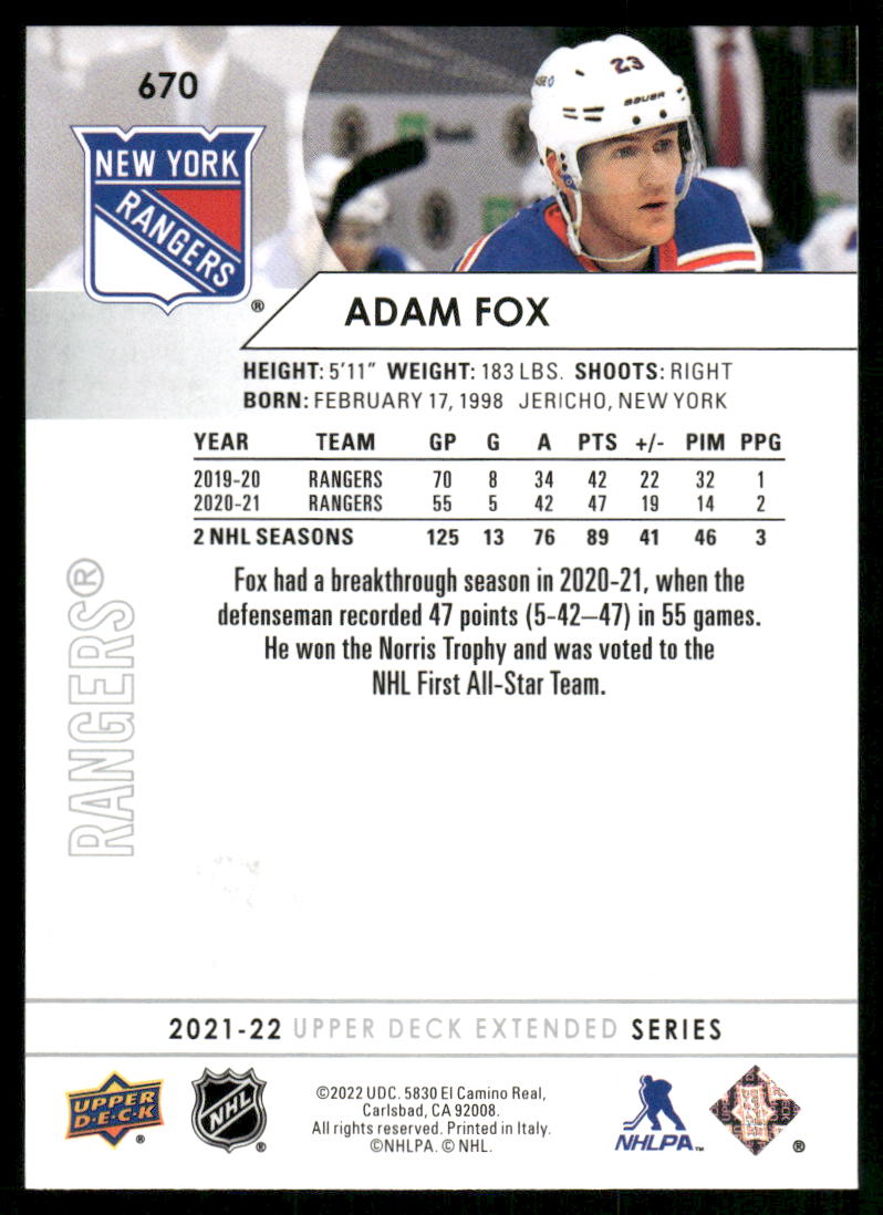 2021-22 Upper Deck #670 Adam Fox