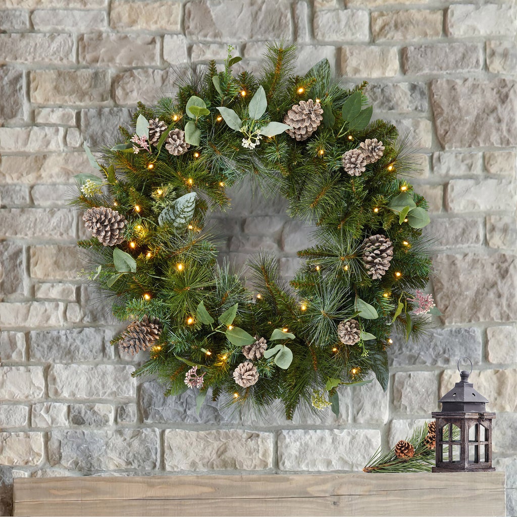 32-Inch Pre-Lit Mixed Greenery Wreath with LED Lights