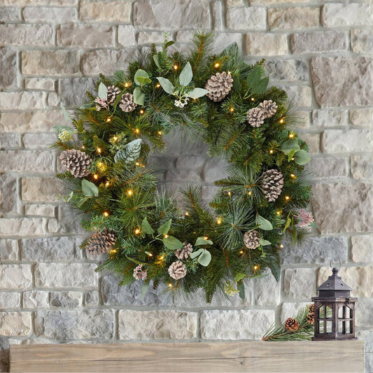 32-Inch Pre-Lit Mixed Greenery Wreath with LED Lights