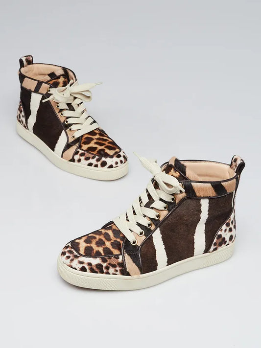 Christian Louboutin Animal Print Testa Di Moro Multicolor Calf Hair Rantus Orlato High-Top Sneakers Size 44EU / 10.5M